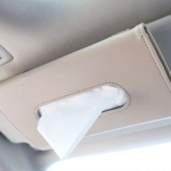 サンバイザー 車用 ティッシュケース ベージュ コンパクト 吊り下げ カー用品 収納 便利 挟むだけ ドアポケット 座席背面 薄型 手入れ簡単