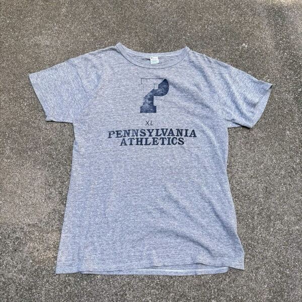 80s Champion 88/12 T-Shirt USA製 ラバープリント ペンシルベニア 半袖Tシャツ 3段プリント ヴィンテージ グレー杢 チャンピョン L