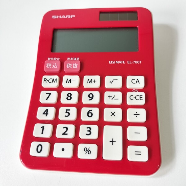 SHARP シャープ ソーラー電卓 ボタン電池 ELSI MATE EL-760T 8桁 赤色 卓上タイプ