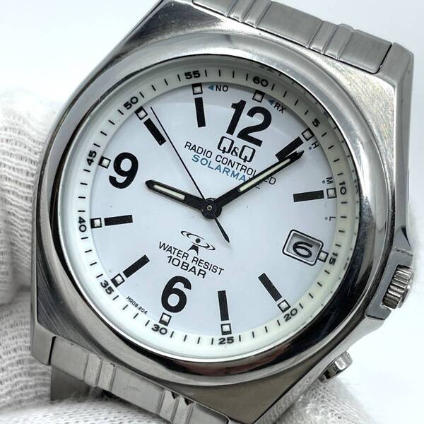 【稼働品】CITIZEN シチズン Q&Q ソーラー 腕時計 白文字盤 3針 デイト ラウンド シルバー 金属 メンズ HR15