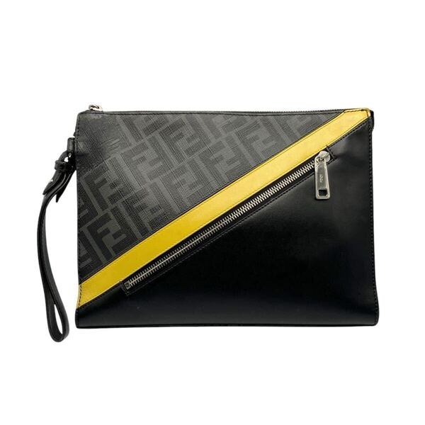 【良品】フェンディ FENDI ダイアゴナル クラッチバッグ グレーファブリックポーチ ズッカ セカンドバッグ ブラック イエロー