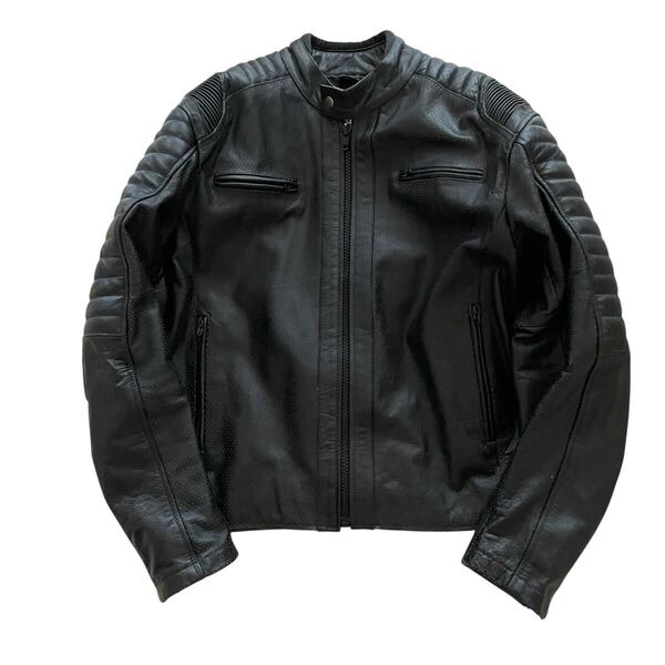 シングルライダース メンズ レザー レザージャケット ブラック パンチング パッド パット本革 本皮 革ジャン ライダースジャケット