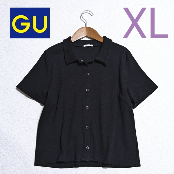美品 即決 GU リングドットボタンコンパクトカーディガン 半袖 XL ブラック 黒 カットソー サマーニット 薄手 ジーユー リブ 大きい