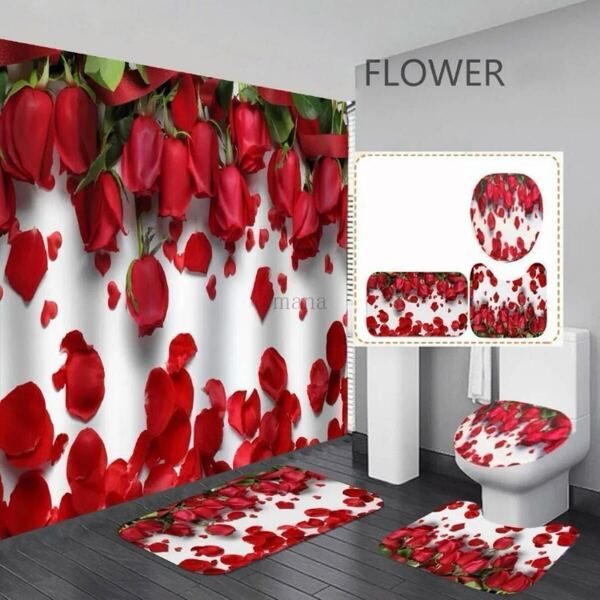 トイレマット 赤 レッド 薔薇 チューリップ 3点セット トイレ蓋カバー足元