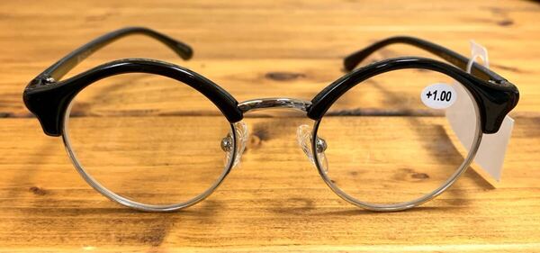 送料込●おしゃれ老眼鏡 ブロータイプ ラウンド 丸型 シニアグラス リーディンググラス 個性的 レトロ風 男女兼用 黒ブラック 度数+1.00