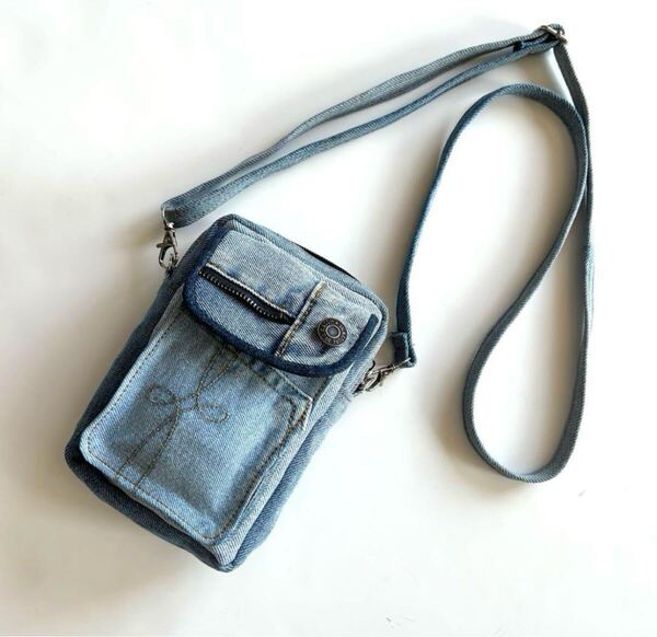 ★送料無料★新品 デニムリメイクバッグ ハンドメイド スマホポシェット ショルダーバッグ スマホショルダーバッグ ⑥