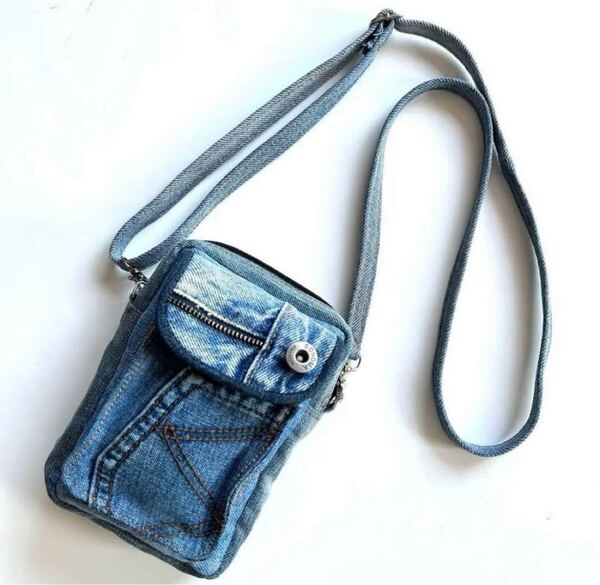 ★送料無料★新品 デニムリメイクバッグ ハンドメイド スマホショルダーバッグ ショルダーバッグ スマホポシェット スマホポーチ ②