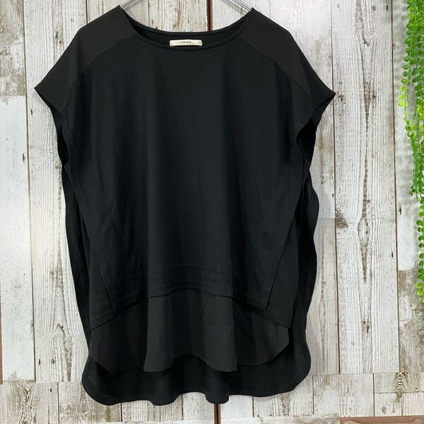 ☆レルビエ LHELBIE☆良品☆ブラウス Tシャツ カットソー ノースリーブ フレンチスリーブ ブラック F レディース ワイド ゆったり Q5398