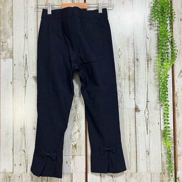 ☆ファッションメッセージ☆ストレッチパンツ M~L スキニー 細身 七分丈 ミモレ丈 裾リボン ややセミフレア ネイビー レーヨン d5458
