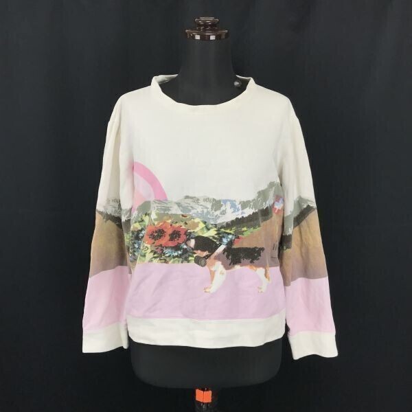 日本製★tsumori chisato SLEEP/ツモリチサト★スウェットトレーナー/ルームウェア【レディースM/白】犬 風景プリント/sweat shirts◆BG783