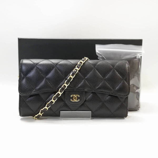 【美品】CHANEL(シャネル)キャビアスキン マトラッセ 長財布 黒(ブラック) チェーンウォレット ゴールド金具 上品【送料無料】429