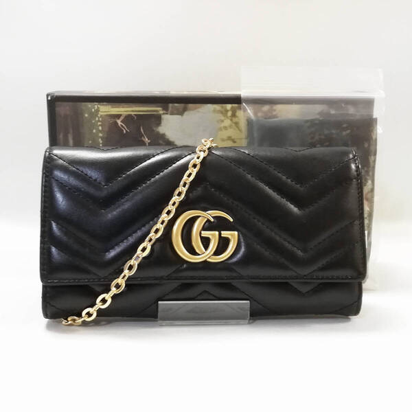 【美品級】GUCCI (グッチ) GGマーモント コンチネンタルウォレット チェーンウォレット 黒 ゴールド金具 おしゃれ【送料無料】727