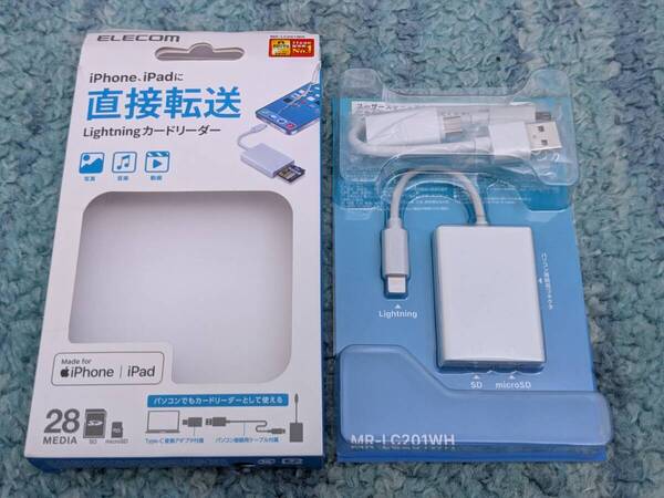 ◎0707u0432 エレコム カードリーダー Lightningコネクタ接続 Type-Cアダプタ付 SD+microSD対応 ケーブル長7cm ホワイト MR-LC201WH