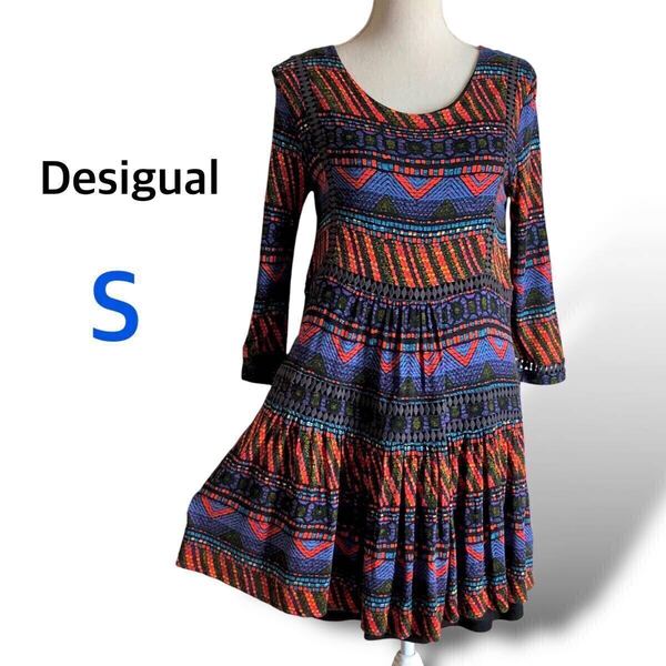 Desigual デシグアル 総柄 ショートワンピース チュニック ギャザー 七分袖 長袖 コットンレース フレア ミニワンピース Sサイズ