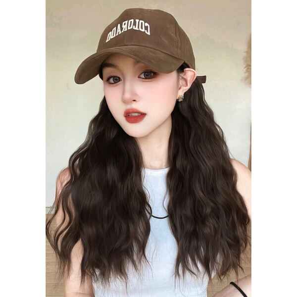 W66◎帽子ウィッグ ファッションウィッグ ロング ウェーブ ブラウン 自然 かつら