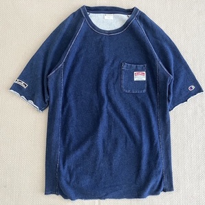 即決 Lサイズ Let it Ride 別注 Champion REVERSE WEAVE ラグラン クルーネック 半袖 スウェット カットオフ 濃いめインディゴ Tシャツ