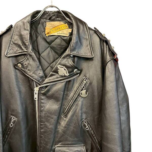 70s ビンテージ Schott ワンスター カスタム ダブル ライダース レザージャケット 牛タグ 黒 50 70年代 ショット ビッグサイズ ハーレー