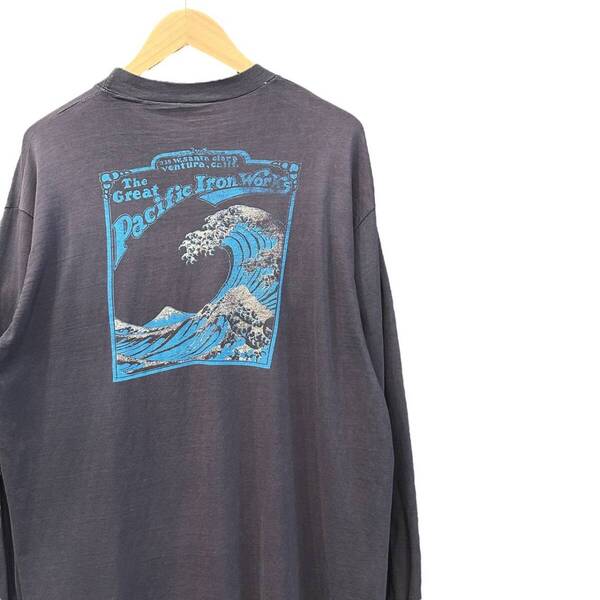 80s ビンテージ THE GREAT PACIFIC IRON WORKS ポケット付き 長袖 Tシャツ L位 ネイビー フェード ナス紺 80年代 ヴィンテージ ロンT