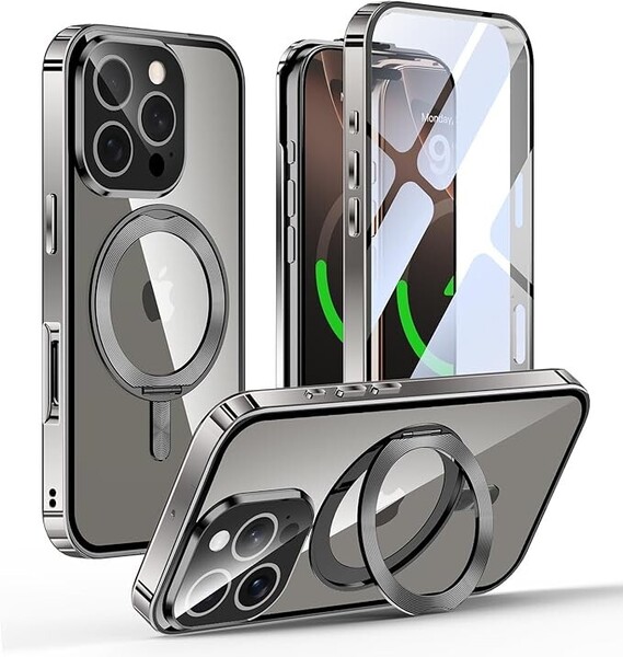 iPhone 16 Pro Max 用 ケース 両面保護 MagSafe対応 CDリング 360°回転スタンド 自動ポップアップロック付き 6.9インチ 「グレー」