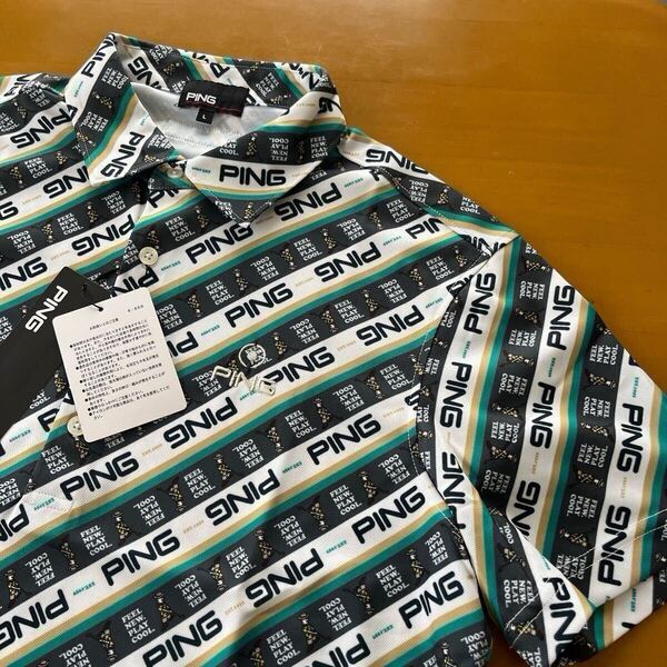 Lサイズ 新品PING GOLF ピン ゴルフ バイアスプリントロゴ柄半袖ポロシャツ ターコイズ