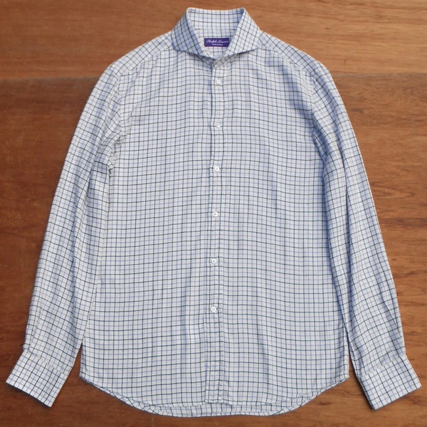 国内正規 Ralph Rauren Purple Label ラルフローレン パープルレーベル 長袖 フランネルシャツ 15.5 タッタソール 格子織柄 L~XL 白x黒x紫