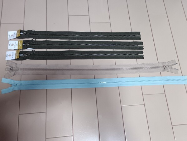 ☆未使用☆ファスナー5本セット☆YKK カーキ 40cm 3本&両開き ベージュ 55cm&水色 57cm☆