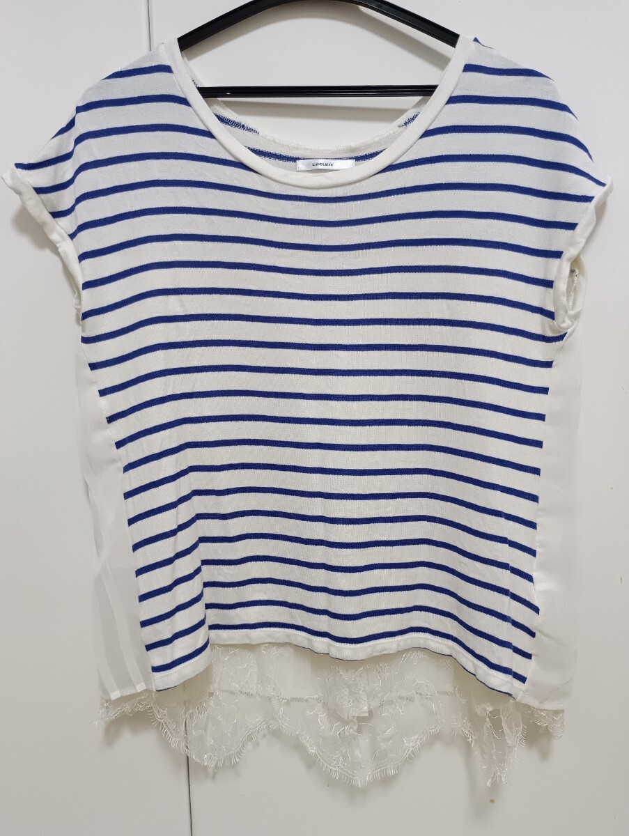 ☆最終値下げ☆LHELBIE☆ブルー＆白色ボーダー☆トップス☆ドッキング レース☆フリーサイズ☆レルビエ☆