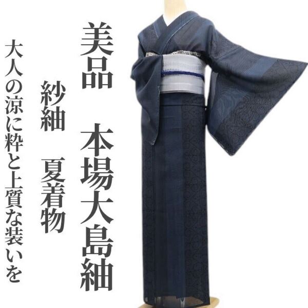 tomihisa 美品 紗紬 夏着物 正絹 仕付け糸付”大人の涼に粋と上質な装いを”本場大島紬 6332