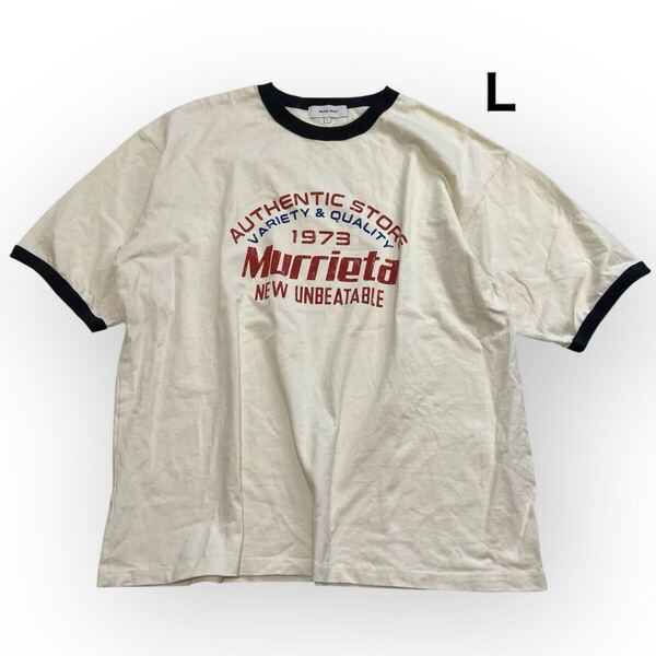 【送料無料】MONO-MART モノマート ヴィンテージライクロゴデザイン ビッグシルエットリンガー半袖Tシャツ アイボリー レディースメンズL