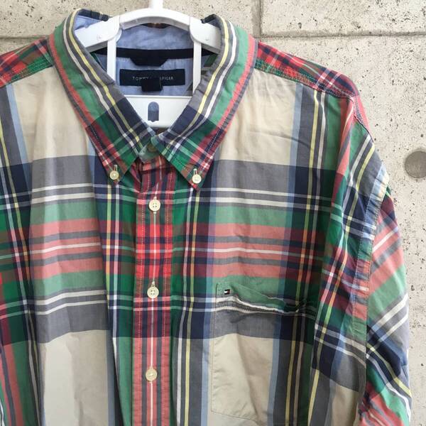 中古 アメリカ古着 TOMMY HILFIGER トミーヒルフィガー 長袖シャツ メンズ 2XL XXL 3L 赤 緑 チェック柄 ビンテージ カジュアル 送料無料