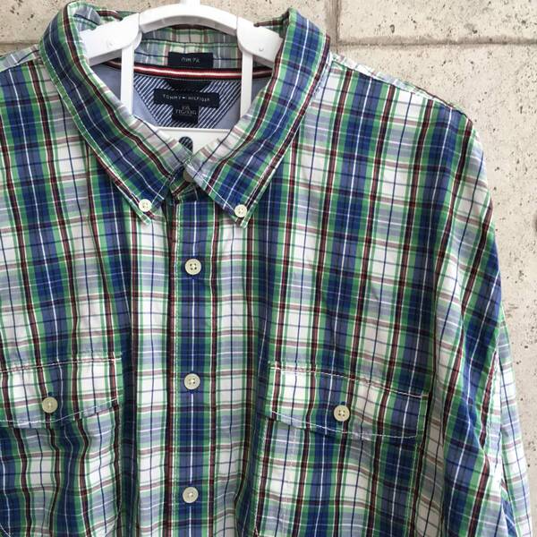 中古 アメリカ古着 TOMMY HILFIGER トミーヒルフィガー 長袖シャツ メンズ XXL 2XL 3L 青 緑 ブルーグリーン チェック柄 ビンテージ