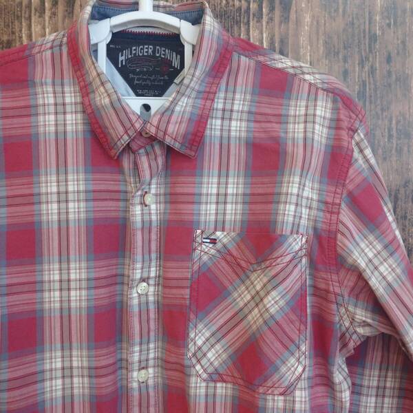 中古 アメリカ古着 TOMMY HILFIGER トミーヒルフィガー 長袖シャツ メンズ L 赤色 白色 レッド チェック柄 ビンテージ カジュアル 送料無料