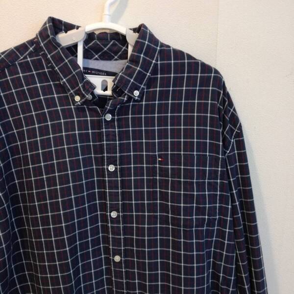 中古 アメリカ古着 TOMMY HILFIGER トミーヒルフィガー 長袖シャツ メンズ XXL 2XL 3L 紺色 白色 ネイビー チェック柄 ビンテージ 送料無料