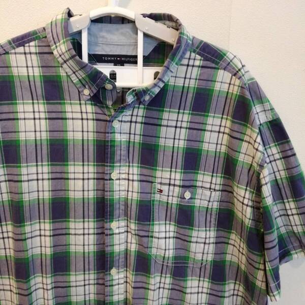 中古 アメリカ古着 TOMMY HILFIGER トミーヒルフィガー 半袖シャツ XXL 2XL 3L 青 ブルー 緑 チェック ビンテージ カジュアル 送料無料