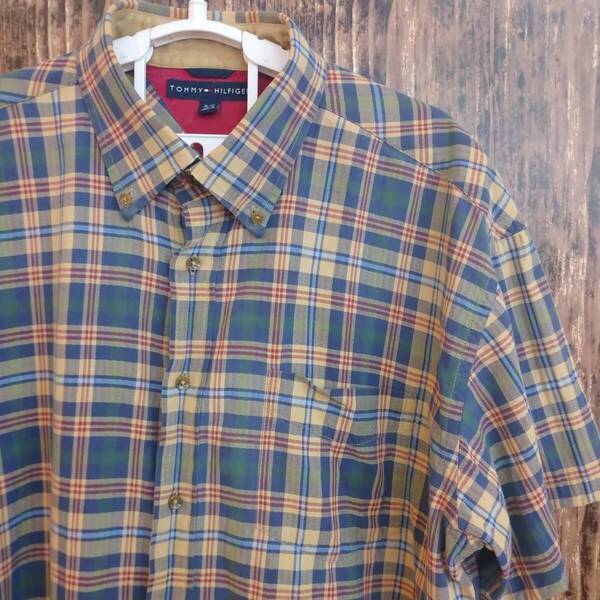 中古 アメリカ古着 TOMMY HILFIGER トミーヒルフィガー 半袖シャツ XL LL 青色 茶色 ブルー ブラウン リメイク チェック柄 送料無料