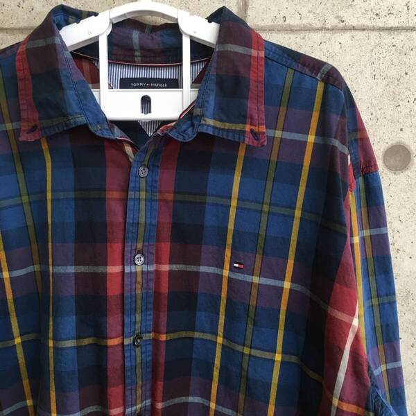 中古 アメリカ古着 TOMMY HILFIGER トミーヒルフィガー 長袖シャツ メンズ XXXL 3XL 4L 青 赤 ブルー レッド チェック柄 ビンテージ