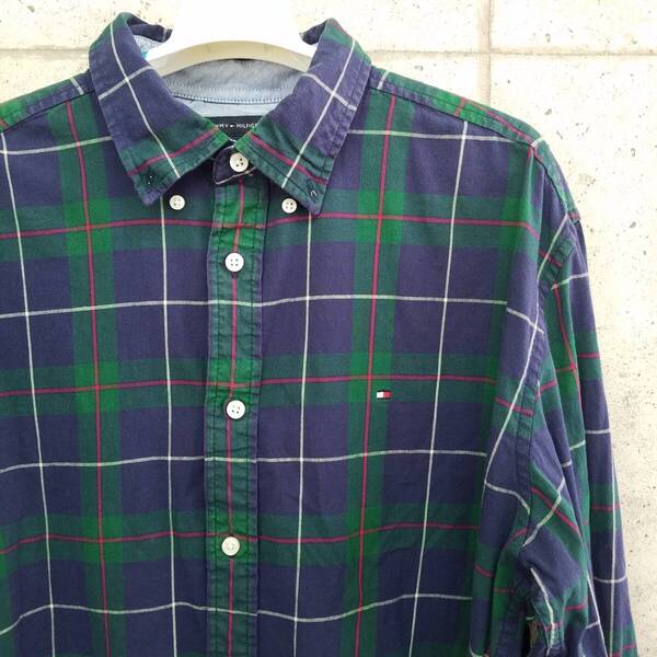 中古 アメリカ古着 TOMMY HILFIGER トミーヒルフィガー 長袖シャツ メンズ Lサイズ 紺 緑 ネイビー グリーン ビンテージ カジュアル