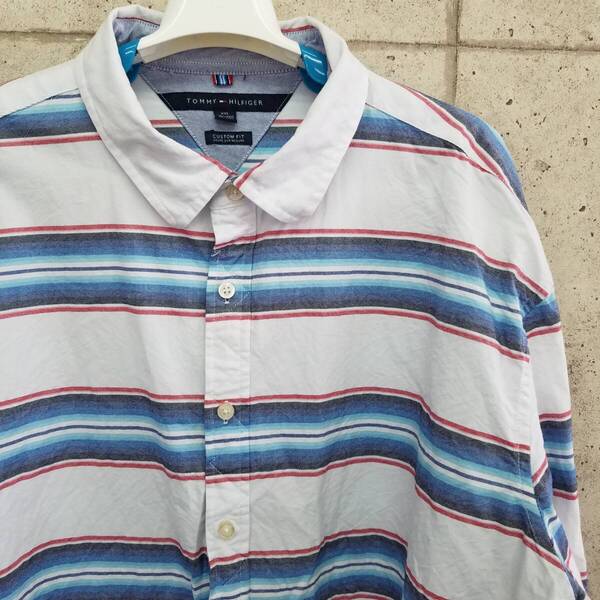 中古 アメリカ古着 TOMMY HILFIGER トミーヒルフィガー 長袖シャツ メンズ XXL 2XL 3L 白 青 ホワイト ブルー ボーダー柄 ビンテージ