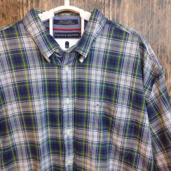 中古 アメリカ古着 TOMMY HILFIGER トミーヒルフィガー 半袖シャツ XXL 2XL 3L 紺色 緑色 ネイビー チェック柄 ビンテージ 送料無料