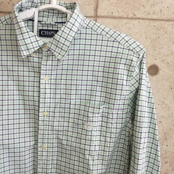 中古 アメリカ古着 CHAPS チャップス 長袖シャツ メンズ XLサイズ 2L LL 白 ホワイト グリーン チェック柄 ビンテージ カジュアル 送料無料