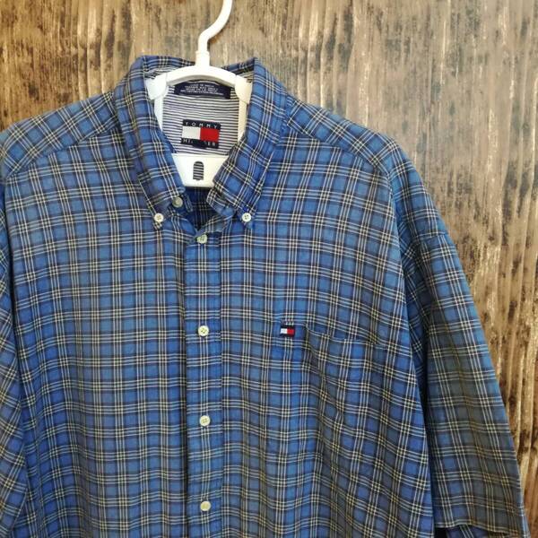 中古 アメリカ古着 TOMMY HILFIGER トミーヒルフィガー 半袖シャツ メンズ XLサイズ 2L LL 水色 アクアブルー チェック柄 ビンテージ