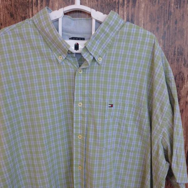 中古 アメリカ古着 TOMMY HILFIGER トミーヒルフィガー 半袖シャツ XXL 2XL 3L 緑色 水色 グリーン ブルー チェック柄 ビンテージ 送料無料