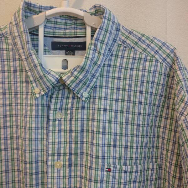 中古 アメリカ古着 TOMMY HILFIGER トミーヒルフィガー 半袖シャツ メンズ XXLサイズ 2XL 3L 緑色 青色 グリーン ブルー チェック柄