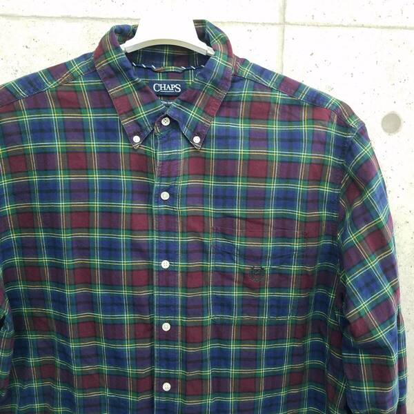 中古 アメリカ古着 CHAPS チャップス 長袖シャツ メンズ 2XL XXL 3L 緑 グリーン 紫 パープル チェック柄 ビンテージ カジュアル 送料無料