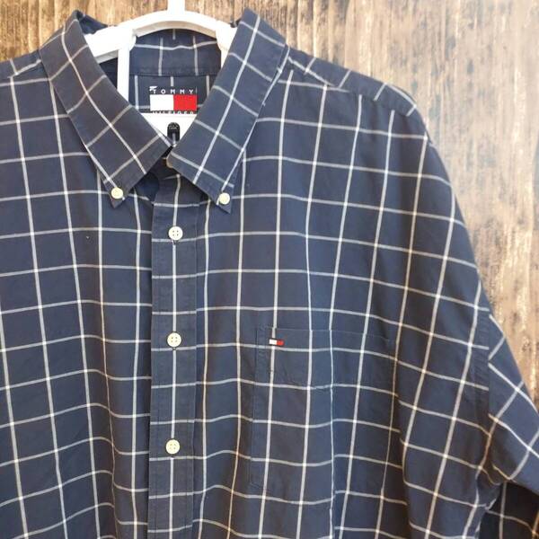 中古 アメリカ古着 TOMMY HILFIGER トミーヒルフィガー 半袖 メンズ XXL 2XL 3L 紺 ネイビー チェック ビンテージ カジュアル 送料無料