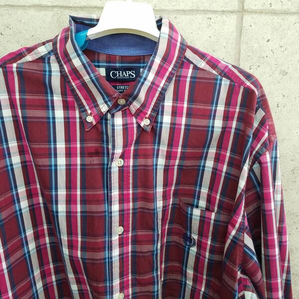 中古 アメリカ古着 CHAPS チャップス 長袖シャツ メンズ 2XLサイズ相当 XXL 3L 赤 青 白 チェック ビンテージ カジュアル 送料無料