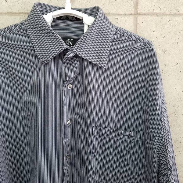 中古 アメリカ古着 Calvin Klein カルバン・クライン 長袖シャツ メンズ XLサイズ相当 2L LL グレー 黒 紺 ストライプ カジュアル 送料無料