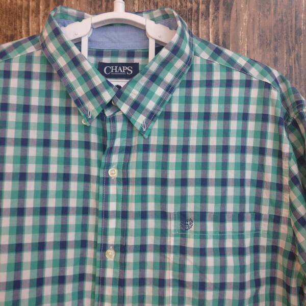 中古 アメリカ古着 CHAPS チャップス 半袖シャツ メンズ XXLサイズ 2XL 3L 緑色 青色 グリーン ブルー チェック柄 ビンテージ カジュアル