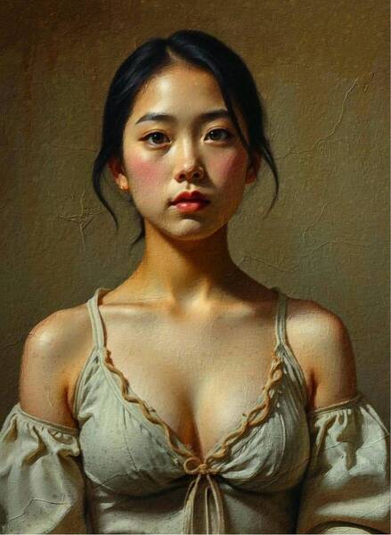 【過去作・美しい女性の絵画・肖像画・絵画】こちらをまっすぐ見つめる・華やかな女性をモデルにしたリアリズムアート・油絵風の肖像画