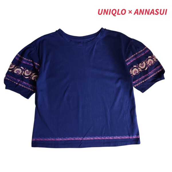 UNIQLO×ANNA SUI コラボ Tシャツ エスニック 表記M ゆったりデザイン ネイビー系 パフスリーブ風 ユニクロ アナスイ 68823